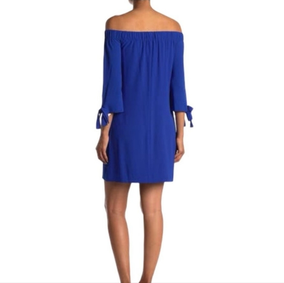 VINCE CAMUTO Cobalt Blue Off the Shoulder Scuba Bardot Dress Size 6 - Picture 4 of 9